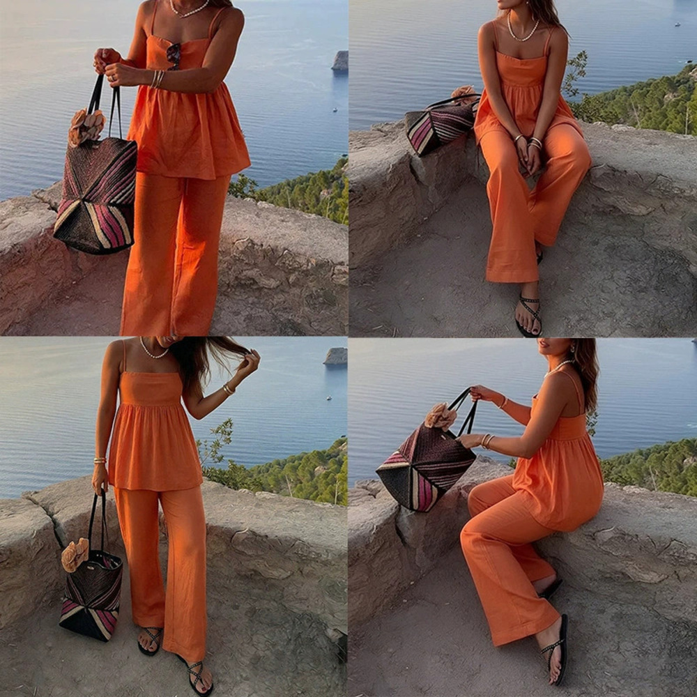 ZARA Trendy Summer Casual Solid Color Cami Top Straight Leg Pants Outfit